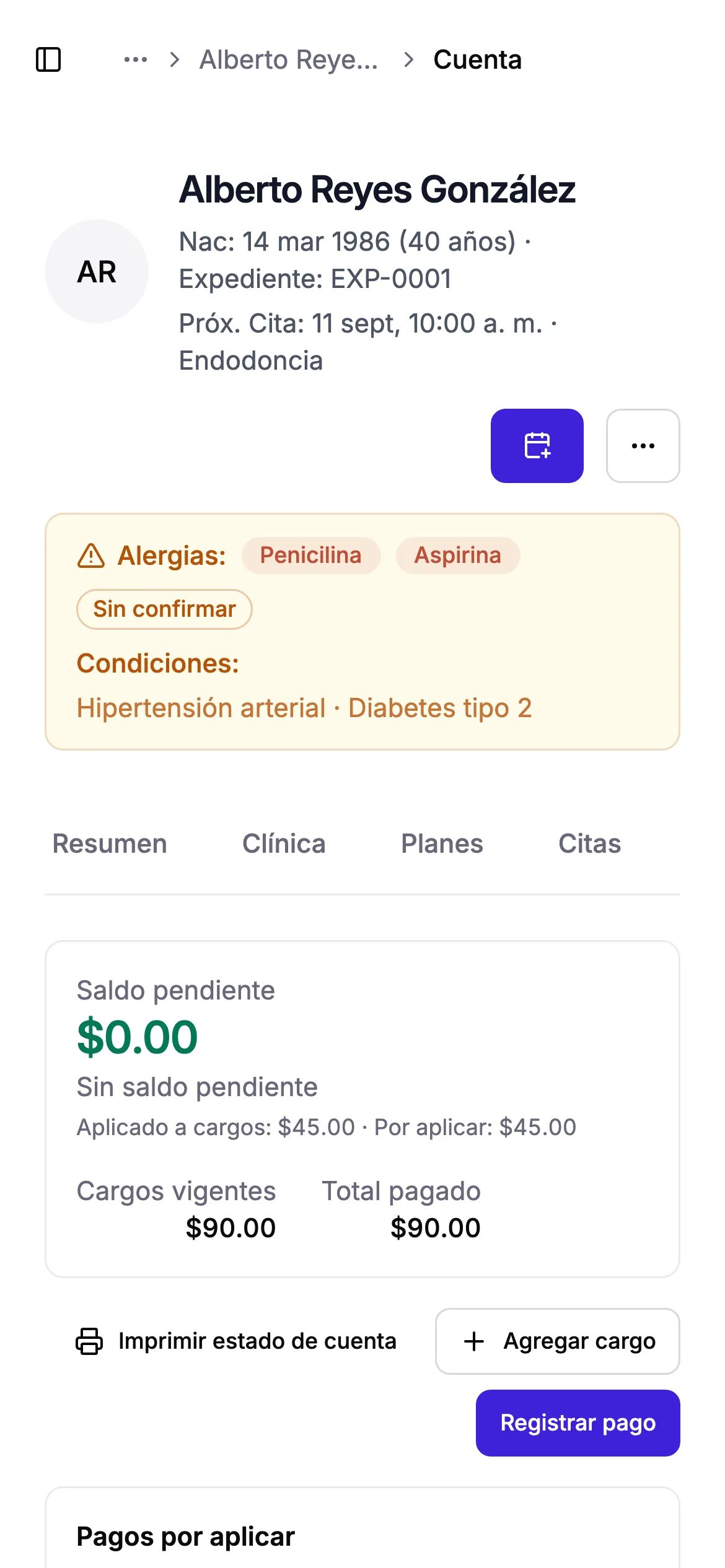 Cuenta del paciente en Revodent: cargos, pagos y saldo